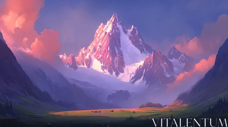 Enchanted Sunset Over Snowy Peaks AI Image