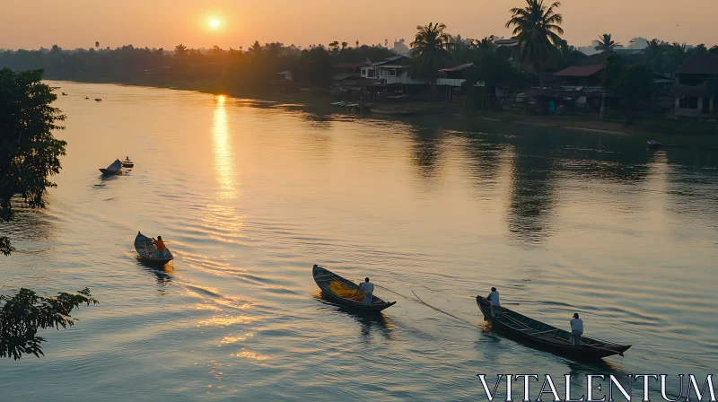 Tranquil Sunset Over River with Boats and Village AI Image