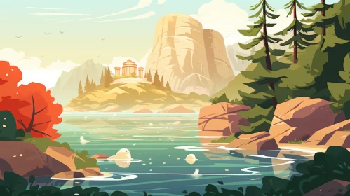 Art Nouveau-Inspired Adventure Landscape with Cartoonish Characters