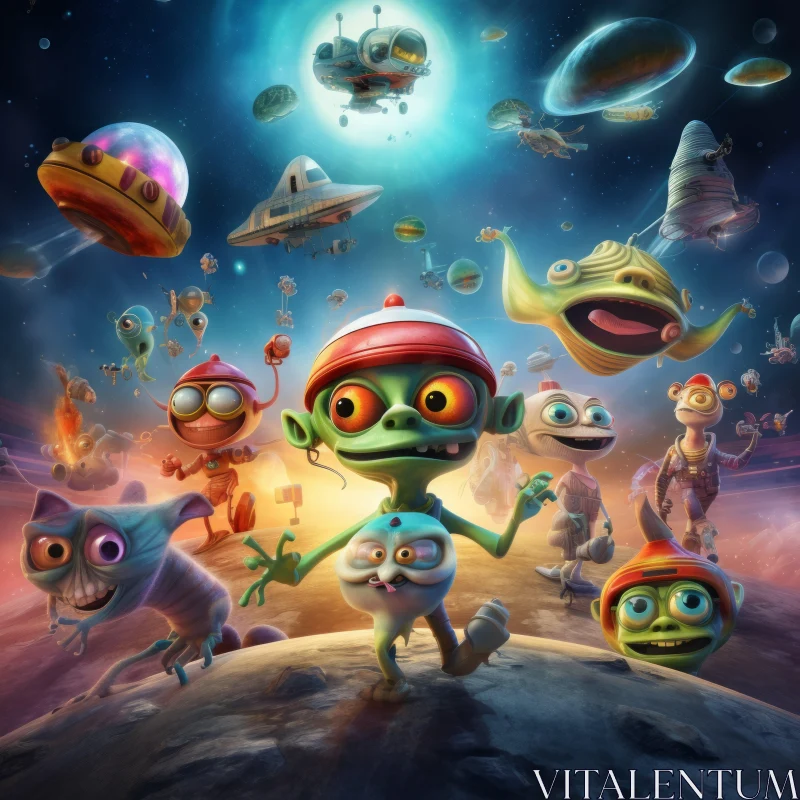 Cartoon Characters in Alien Worlds with Spaceships - An Airbrush Art Masterpiece AI Image