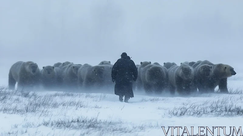 Bears and Man in a Snowy Wilderness AI Image