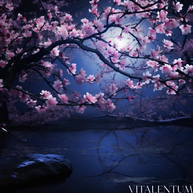 Cherry Blossoms under Moonlight - Surreal Fantasy Art AI Image