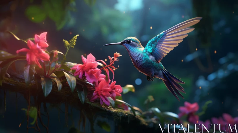 Enchanting Hummingbird Flight in Rainforest - Nature Illustration AI Image