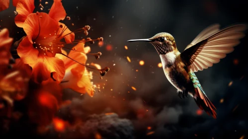 Hummingbird Amongst Flames and Flowers - A Captivating Wildlife Scene