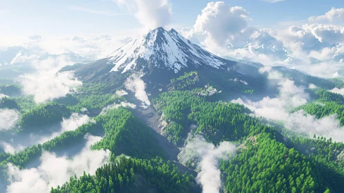 Snow-Capped Mountain with Green Forests and Clouds