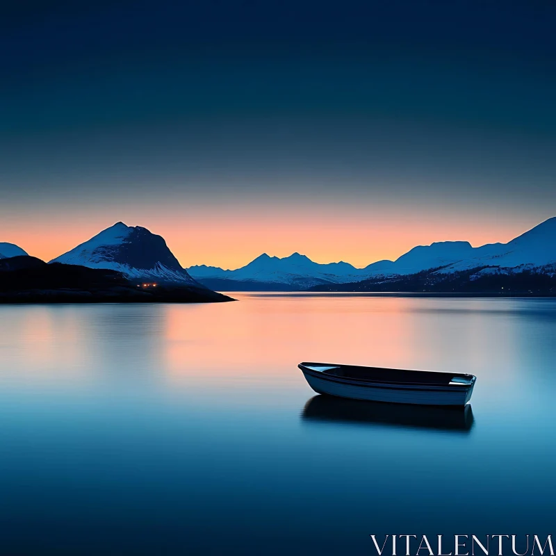 Tranquil Lakeside Sunset with Floating Boat AI Image