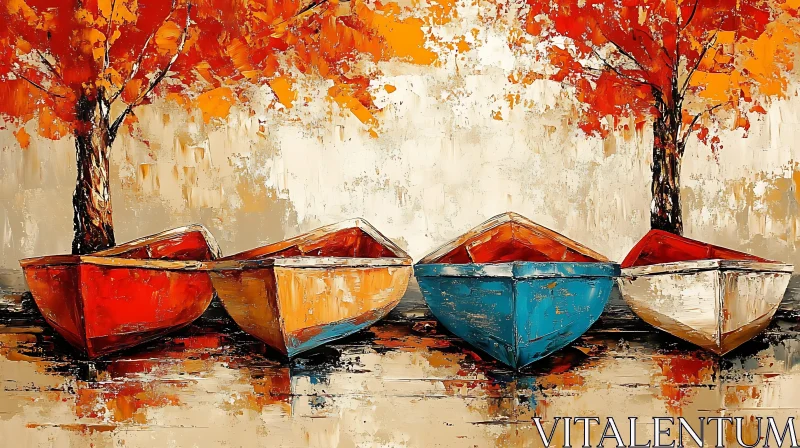 Colorful Boats on Reflective Water with Autumn Trees AI Image