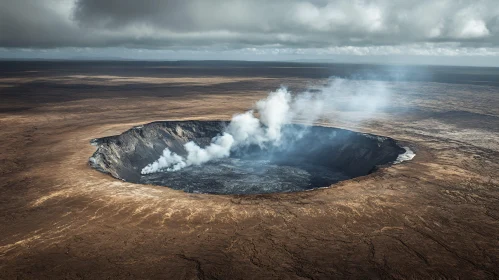 Vast Volcanic Crater Emitting Smoke in Arid Environment