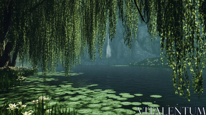 AI ART Tranquil Lake Scene Under Willow Trees