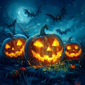 Spooky Jack-o'-lanterns and Bats Under Moonlit Sky