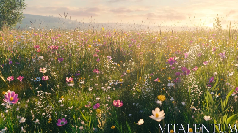 Scenic Evening Meadow with Blooming Wildflowers AI Image