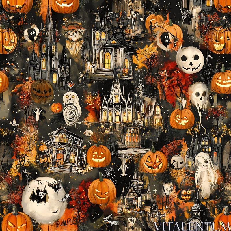 Haunted Halloween Scene with Ghosts and Jack-o'-Lanterns AI Image