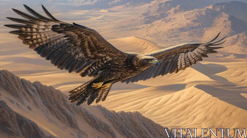 Eagle in Flight Above Golden Desert Peaks AI Image