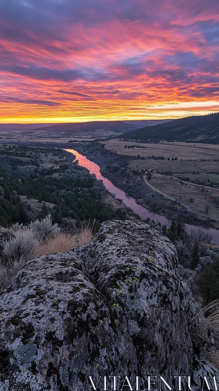 Majestic Sunset Landscape with Reflective River AI Image