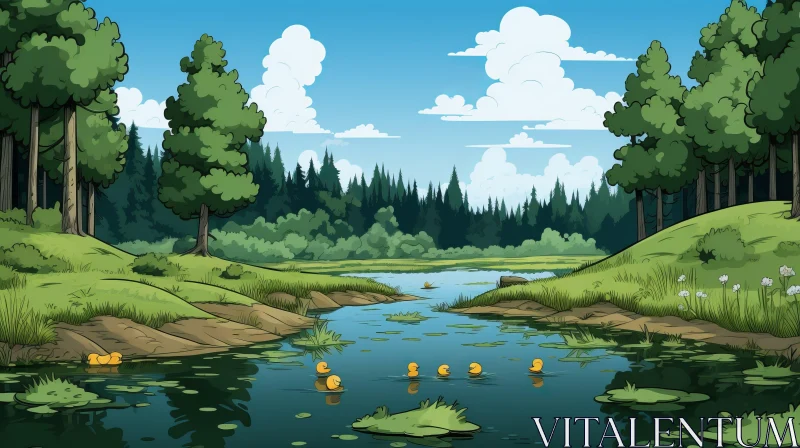Cartoonish Forest and River Scene with Ducks AI Image