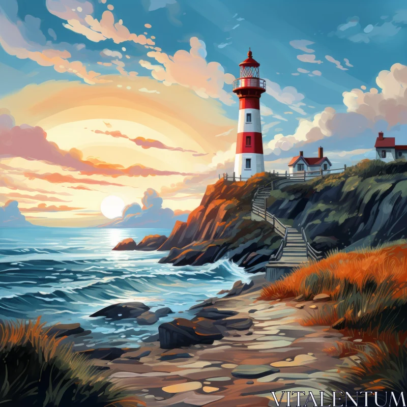 Hand-Painted Ocean Landscape with Lighthouse Artwork AI Image