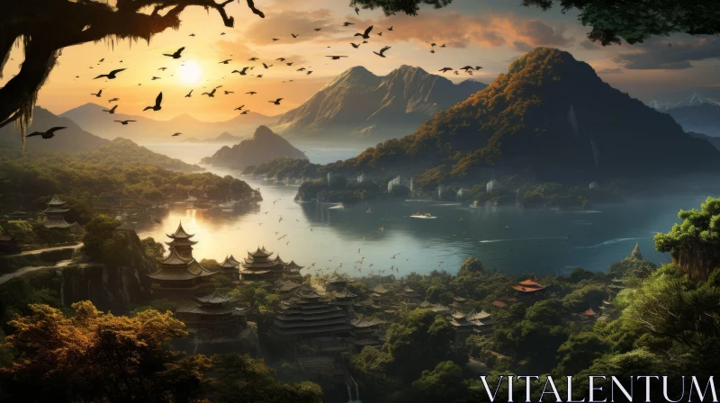 Scenic Asian Village at Sunset: A 3D Artistic Image AI Image