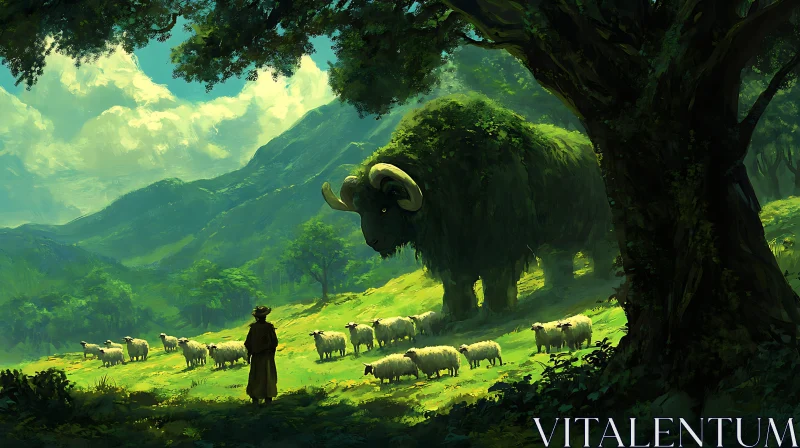 Enigmatic Giant Among Sheep in Serene Landscape AI Image