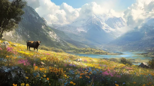 Serene Landscape of Cow in Vibrant Mountain Meadow