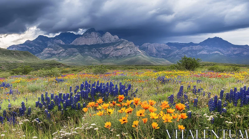 AI ART Wildflower Meadow and Mountains Before Storm