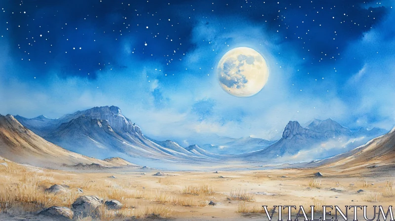 AI ART Moonlit Desert Scene with Mountains and Starry Sky