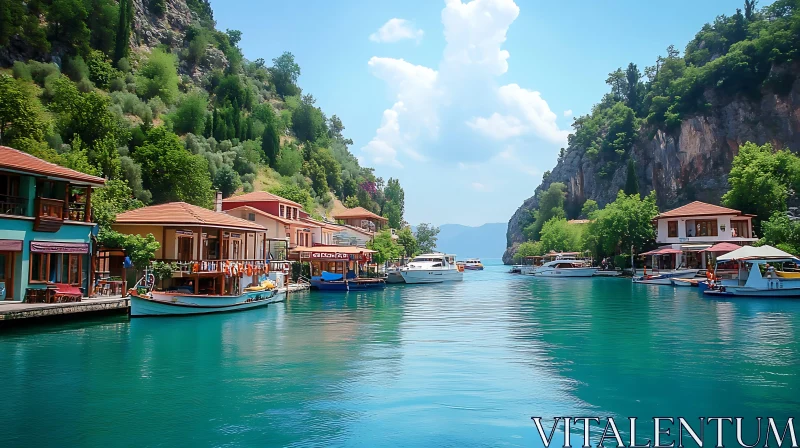 Scenic Waterfront with Charming Houses and Mountains AI Image