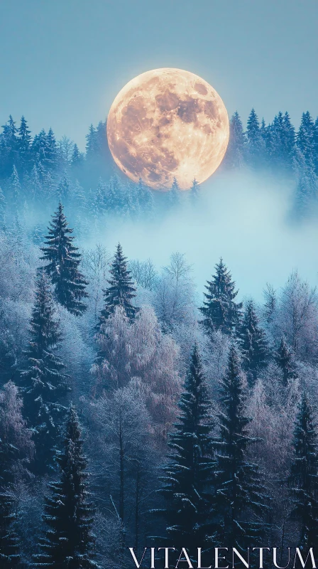 Moonlit Snowy Forest in Winter AI Image