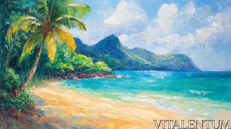 AI ART Tropical Beach with Palm Tree and Azure Waters