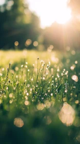 Morning Dew and Sunrise on Grass