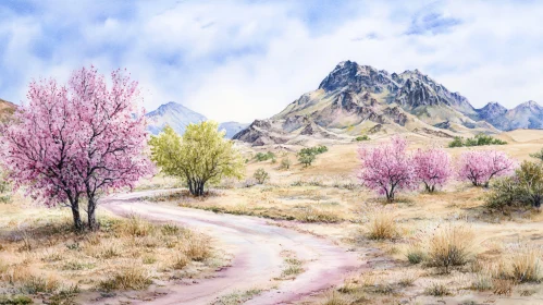 Blooming Trees in Desert-Like Terrain