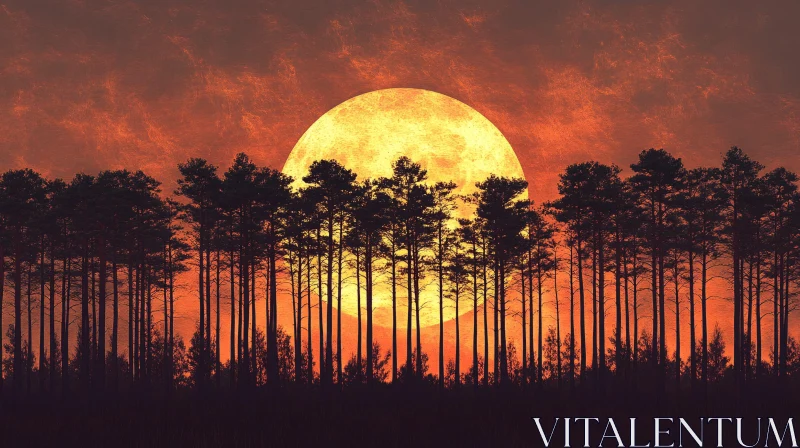 Golden Sun Setting Behind Forest Trees AI Image