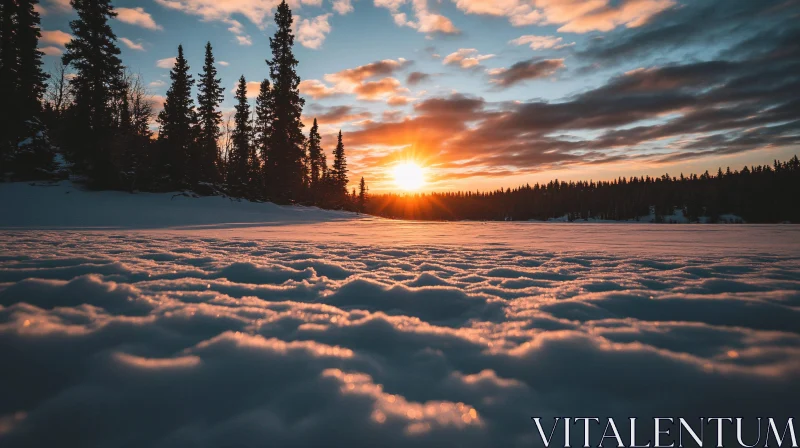 Golden Sunset Over Snowy Winter Landscape AI Image