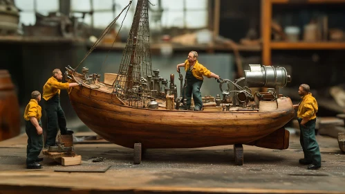 Intricate Model Boat Construction Scene