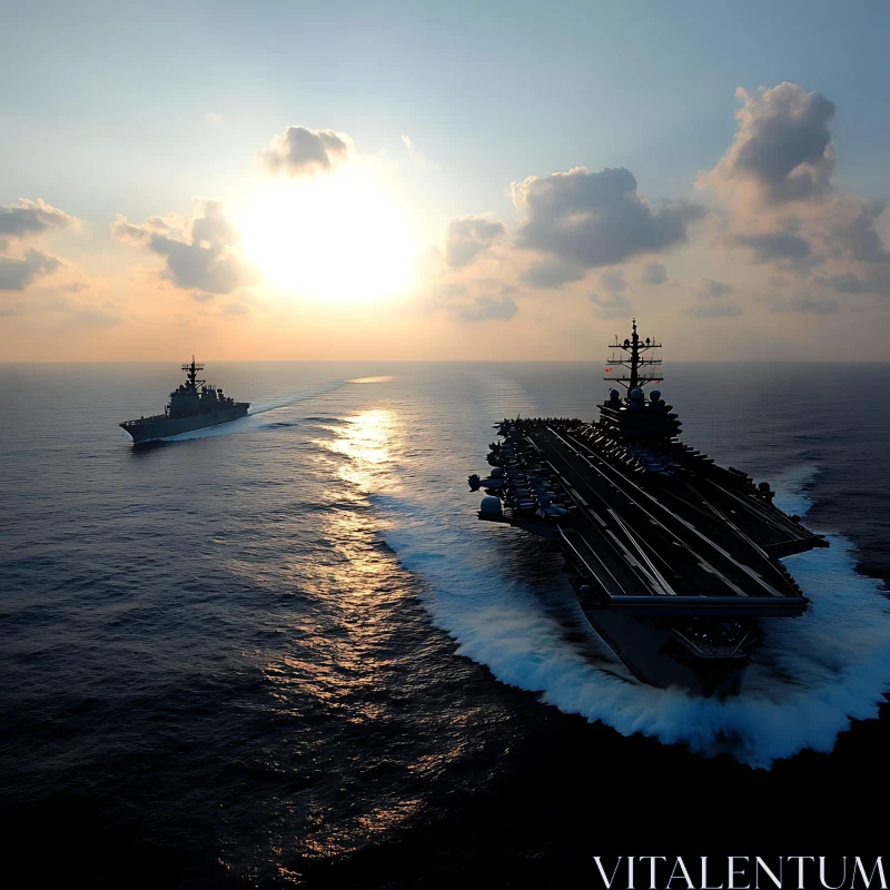 Navy Ships at Sunset on Open Ocean AI Image