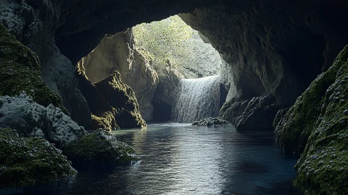 Tranquil Cave with Cascading Waterfall