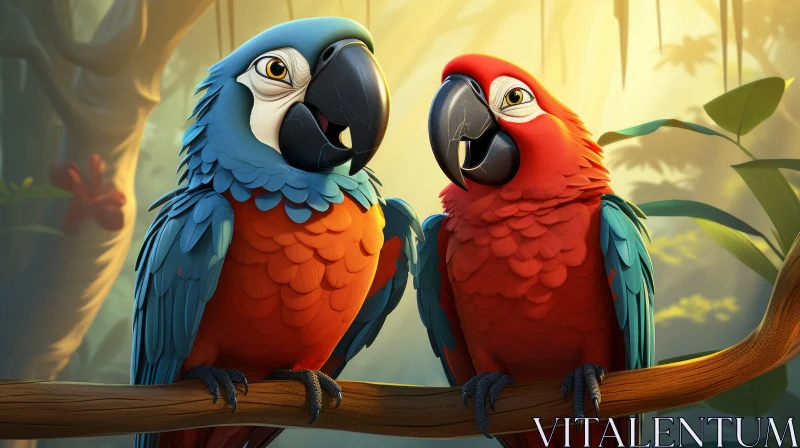 Intimate Gaze Between Red and Blue Parrots in 2D Game Art Style AI Image