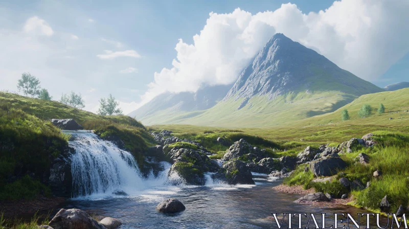 AI ART Mountain View with Waterfall and Flowing Stream