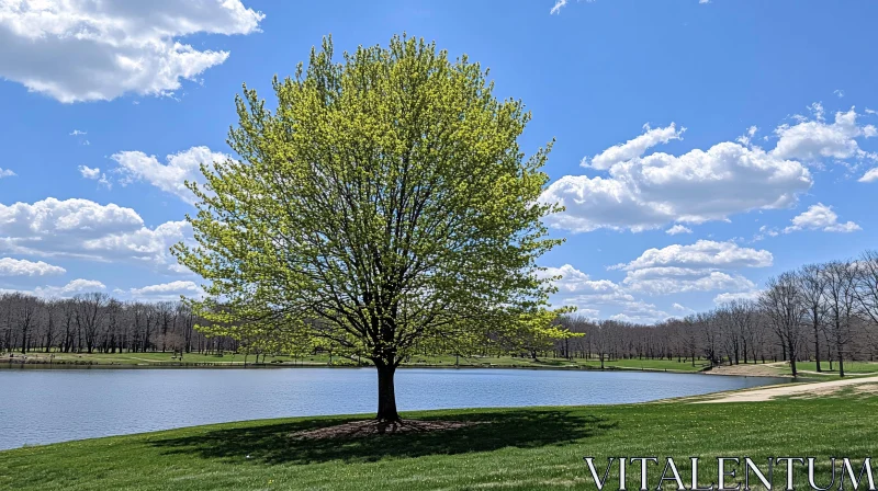 AI ART Tranquil Spring Scene with Tree and Lake