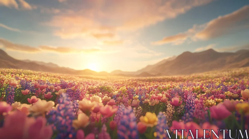 AI ART Majestic Sunset with Flower Field and Mountain Backdrop