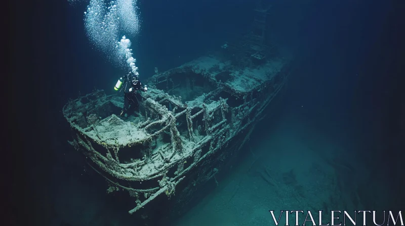 Diver and Shipwreck in the Deep Ocean AI Image