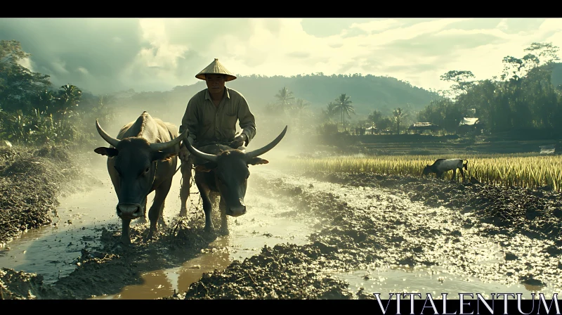 Traditional Farming in Rice Paddy AI Image