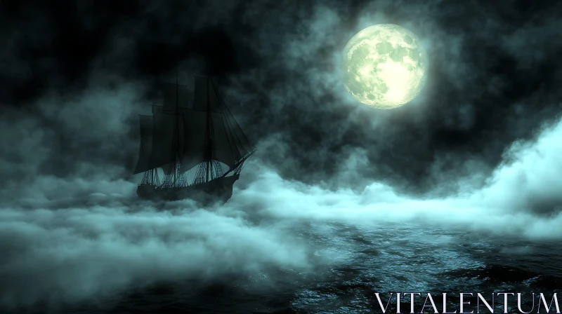 Mysterious Foggy Night with Sailing Ship AI Image