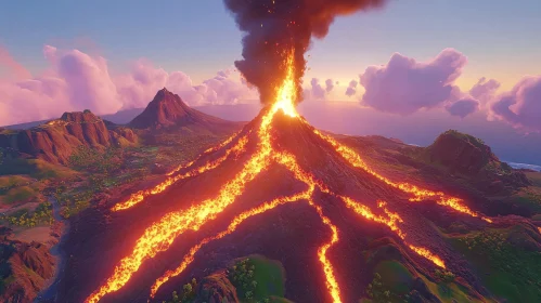 Fiery Volcano Erupts Amidst Majestic Hills