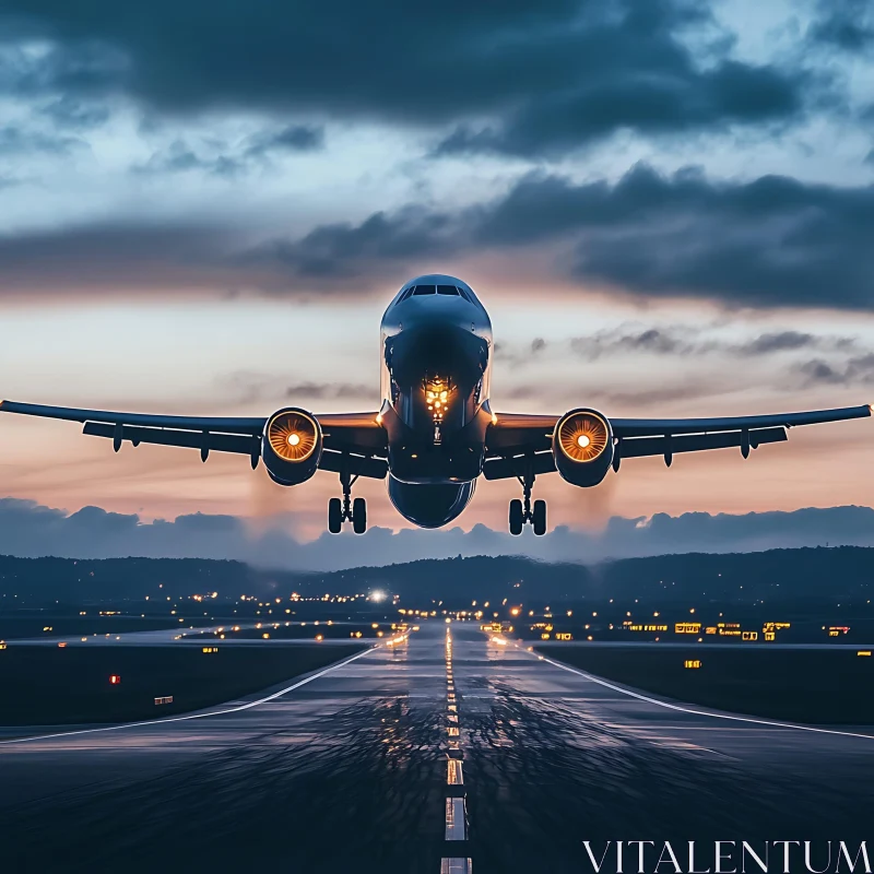 Sunset Flight: Airplane Takeoff AI Image