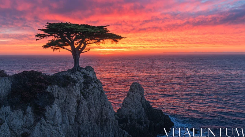 AI ART Solitary Tree at Sunset on Ocean Cliff