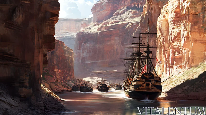 Fleet of Historical Ships in a Sunlit Canyon AI Image