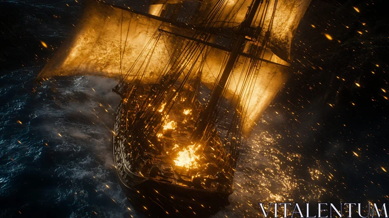 Burning Sailing Ship in Storm AI Image