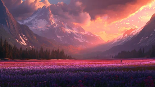 Stunning Floral Valley at Sunset with Majestic Mountains