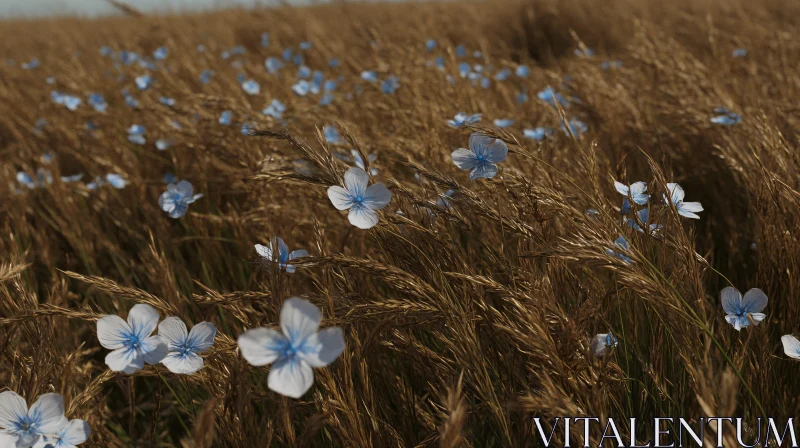 AI ART Golden Field with Blue Wildflowers