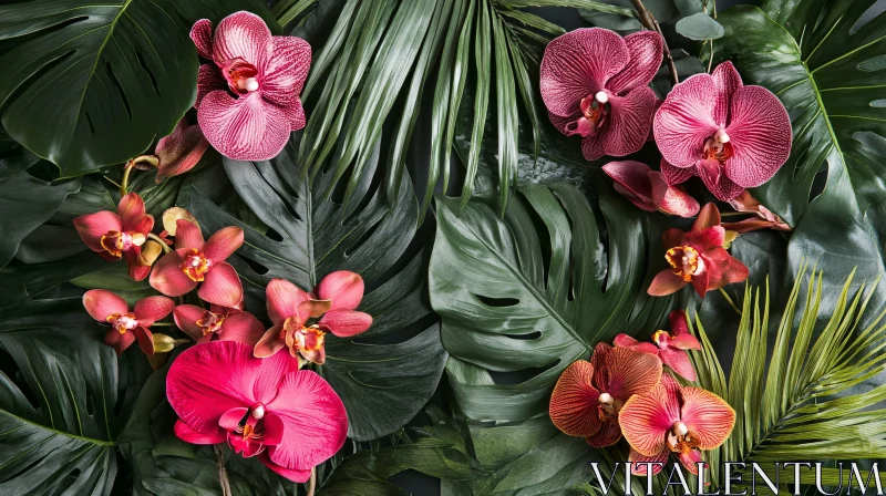 AI ART Tropical Orchid Arrangement Amidst Lush Greenery